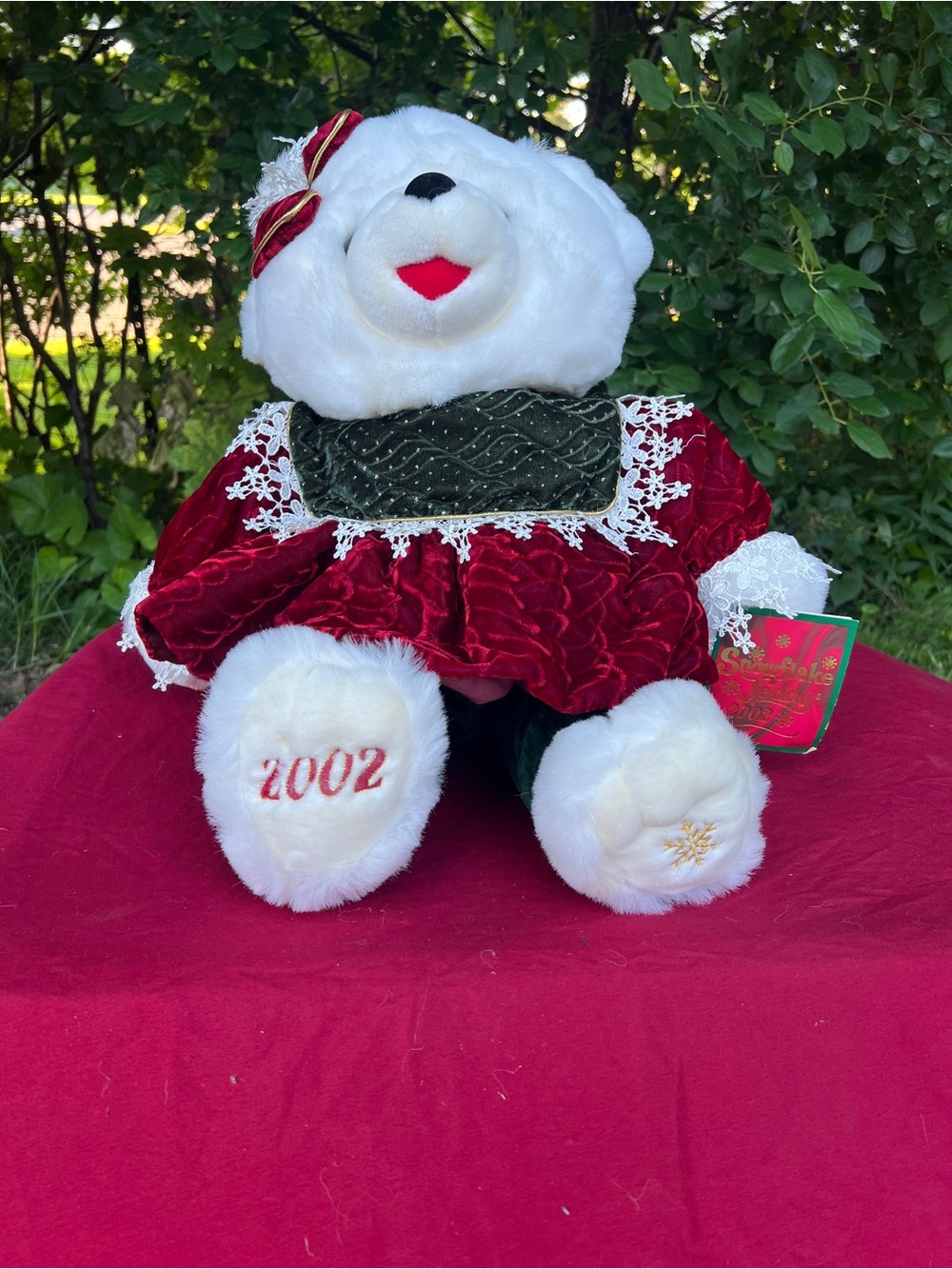 Plush Holiday Bear in Red Velvet Dress - 2002 Commemorative